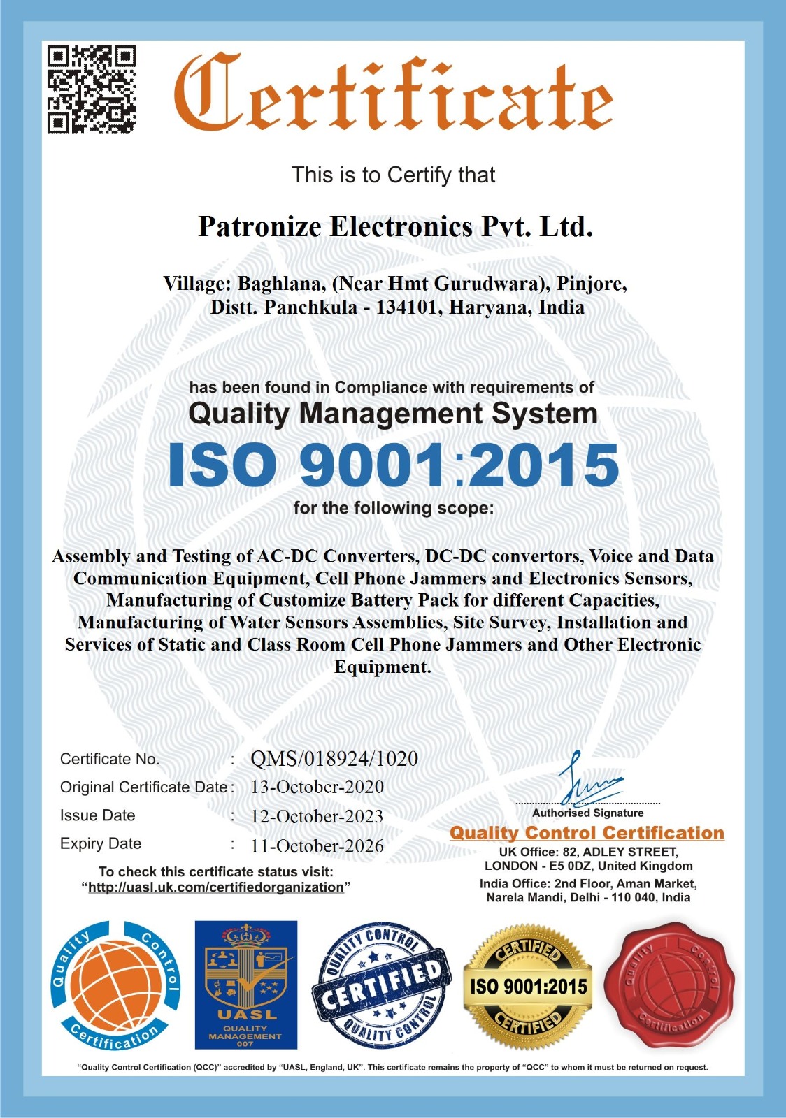 ISO 9001:2015 certificate for quality management